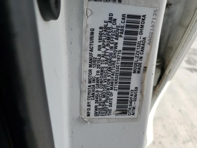 2T1KR32E53C119715 - 2003 TOYOTA COROLLA MA XR WHITE photo 12