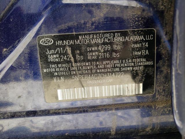 5NPEB4AC7CH314722 - 2012 HYUNDAI SONATA GLS BLUE photo 12