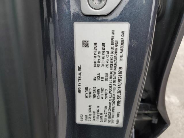 5YJ3E1EA0NF241619 - 2022 TESLA MODEL 3 GRAY photo 12