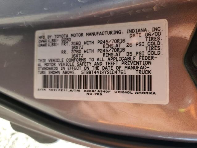 5TBBT4412YS104761 - 2000 TOYOTA TUNDRA ACCESS CAB ვერცხლისფერი ფოტო 12