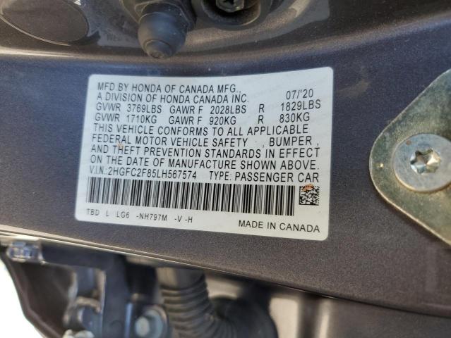 2HGFC2F85LH567574 - 2020 HONDA CIVIC SPORT 灰色 照片 12