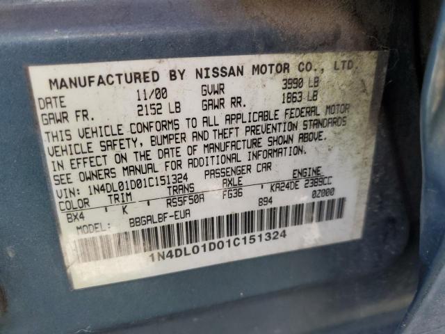 1N4DL01D01C151324 - 2001 NISSAN ALTIMA XE BLUE photo 12