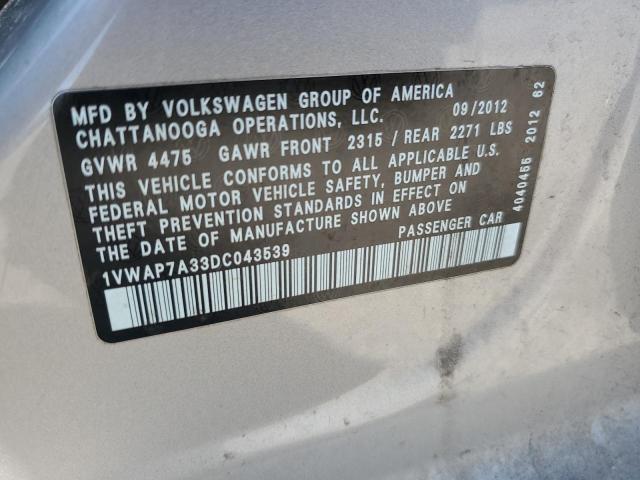1VWAP7A33DC043539 - 2013 VOLKSWAGEN PASSAT S SILVER photo 12