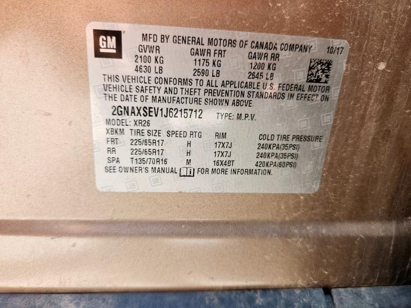 2GNAXSEV1J6215712 - 2018 CHEVROLET EQUINOX LT TAN photo 12