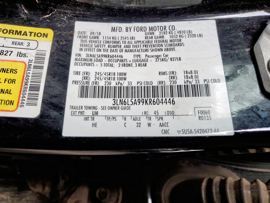 3LN6L5A99KR604446 - 2019 LINCOLN MKZ Czarny zdjęcie 12