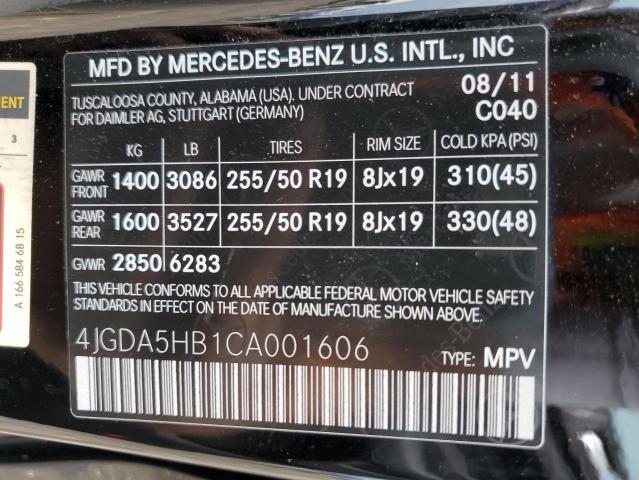 4JGDA5HB1CA001606 - 2012 MERCEDES-BENZ ML 350 4MATIC BLACK photo 13