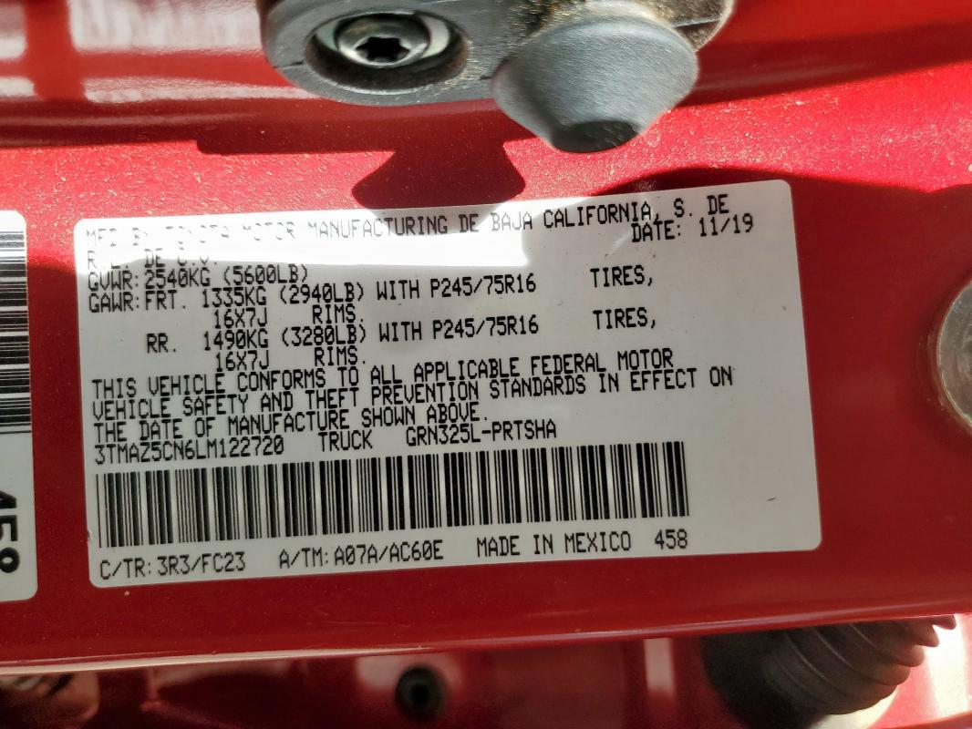 3TMAZ5CN6LM122720 - 2020 TOYOTA TACOMA DOUBLE CAB RED photo 12