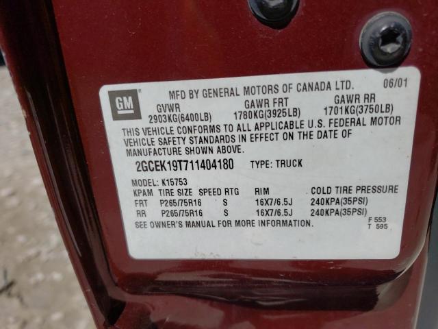 2GCEK19T711404180 - 2001 CHEVROLET SILV1500 4 K1500 MAROON photo 12