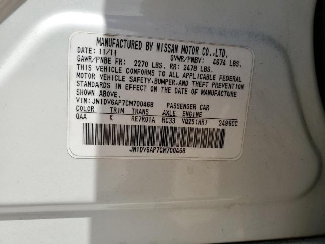 JN1DV6AP7CM700468 - 2012 INFINITI G25 BASE WHITE photo 13