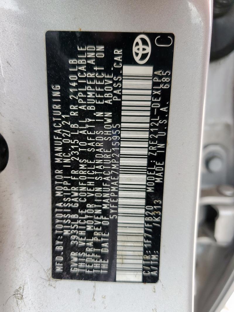 5YFEPMAE7MP215955 - 2021 TOYOTA COROLLA LE Silber Foto 12