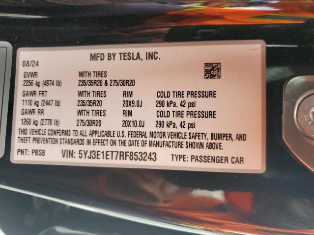 5YJ3E1ET7RF853243 - 2024 TESLA MODEL 3 Noir photo 12