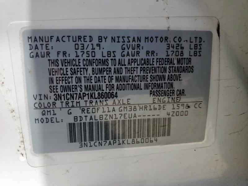 3N1CN7AP1KL860064 - 2019 NISSAN VERSA S WHITE photo 12
