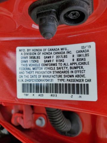 2HGFC1E50KH704131 - 2019 HONDA CIVIC SI RED photo 13