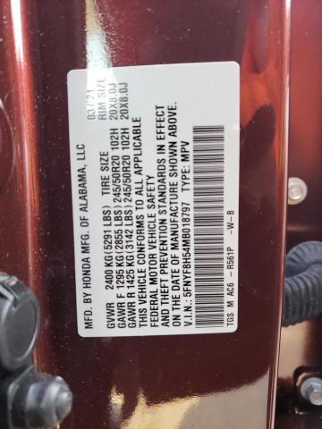 5FNYF8H54MB018797 - 2021 HONDA PASSPORT EXL MAROON photo 14