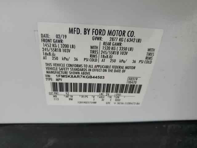 1FM5K8AR7KGB44503 - 2019 FORD EXPLORER POLICE INTERCEPTOR 白色 照片 12