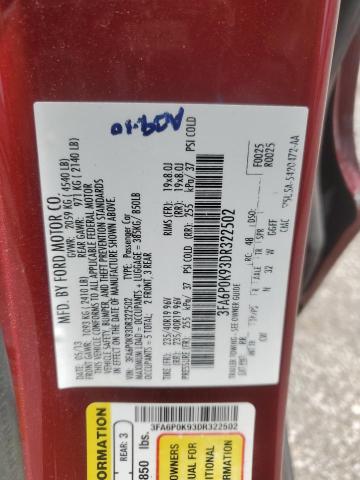 3FA6P0K93DR322502 - 2013 FORD FUSION TITANIUM MAROON photo 12