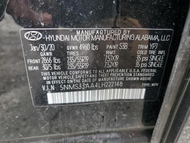 5NMS33AA4LH222148 - 2020 HYUNDAI SANTA FE SEL BLACK photo 12