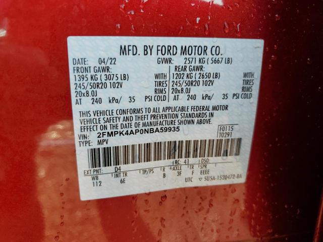 2FMPK4AP0NBA59935 - 2022 FORD EDGE ST RED photo 14