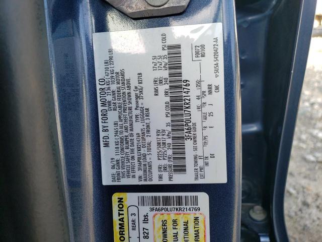 3FA6P0LU7KR214769 - 2019 FORD FUSION SE BLUE photo 12