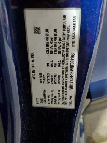 5YJ3E1EA9NF369163 - 2022 TESLA MODEL 3 BLUE photo 12