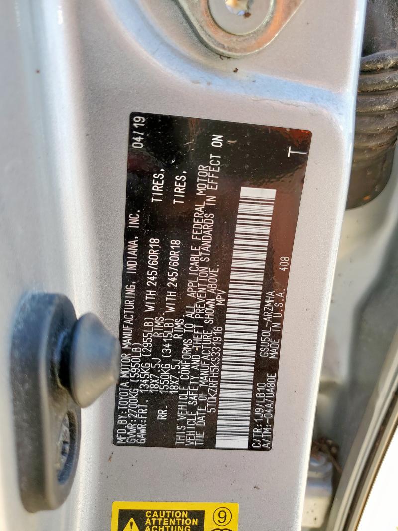 5TDKZRFH5KS331916 - 2019 TOYOTA HIGHLANDER SE SILVER photo 13