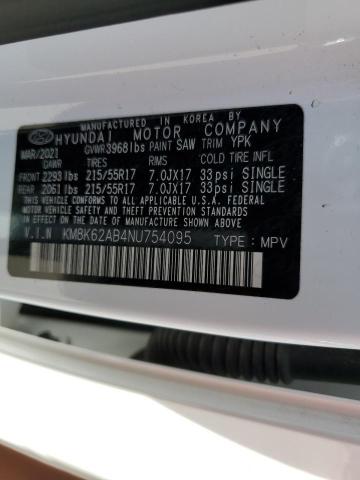 KM8K62AB4NU754095 - 2022 HYUNDAI KONA SEL WHITE photo 12