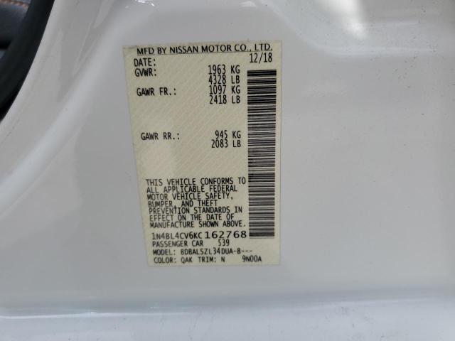 1N4BL4CV6KC162768 - 2019 NISSAN ALTIMA SR WHITE photo 10