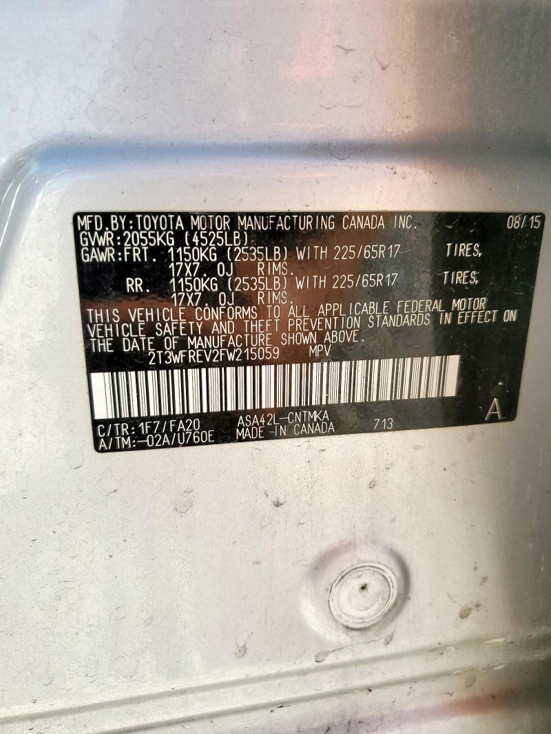 2T3WFREV2FW215059 - 2015 TOYOTA RAV4 XLE SILVER photo 13