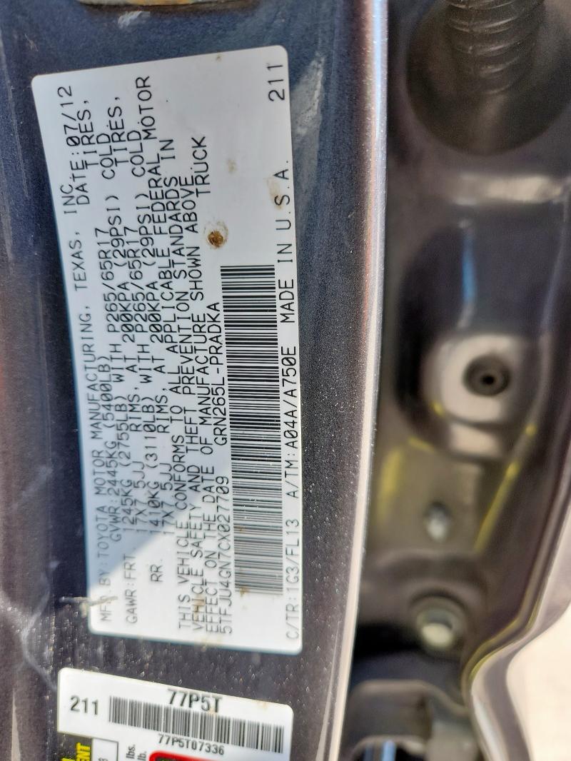 5TFJU4GN7CX027709 - 2012 TOYOTA TACOMA DOUBLE CAB PRERUNNER GRAY photo 12