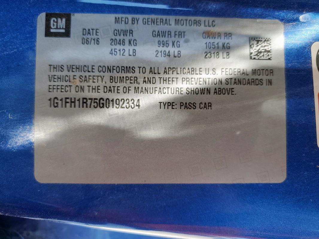 1G1FH1R75G0192334 - 2016 CHEVROLET CAMARO SS Көк фото 12