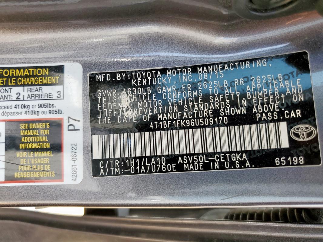 4T1BF1FK9GU509170 - 2016 TOYOTA CAMRY LE GRAY photo 12