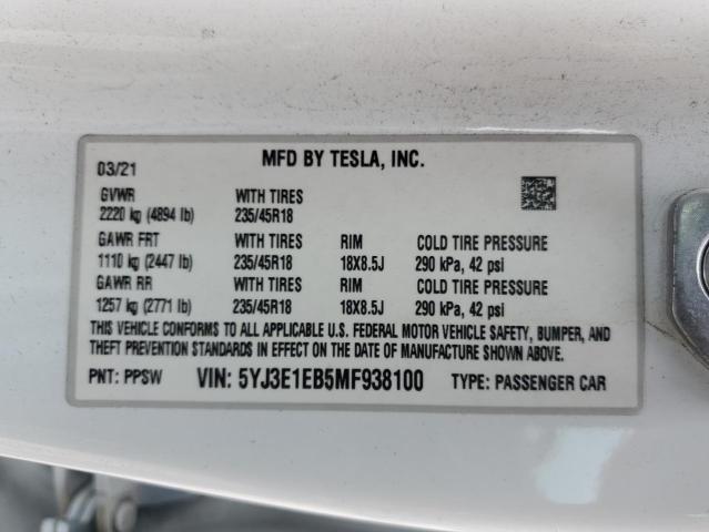 5YJ3E1EB5MF938100 - 2021 TESLA MODEL 3 白色 照片 12