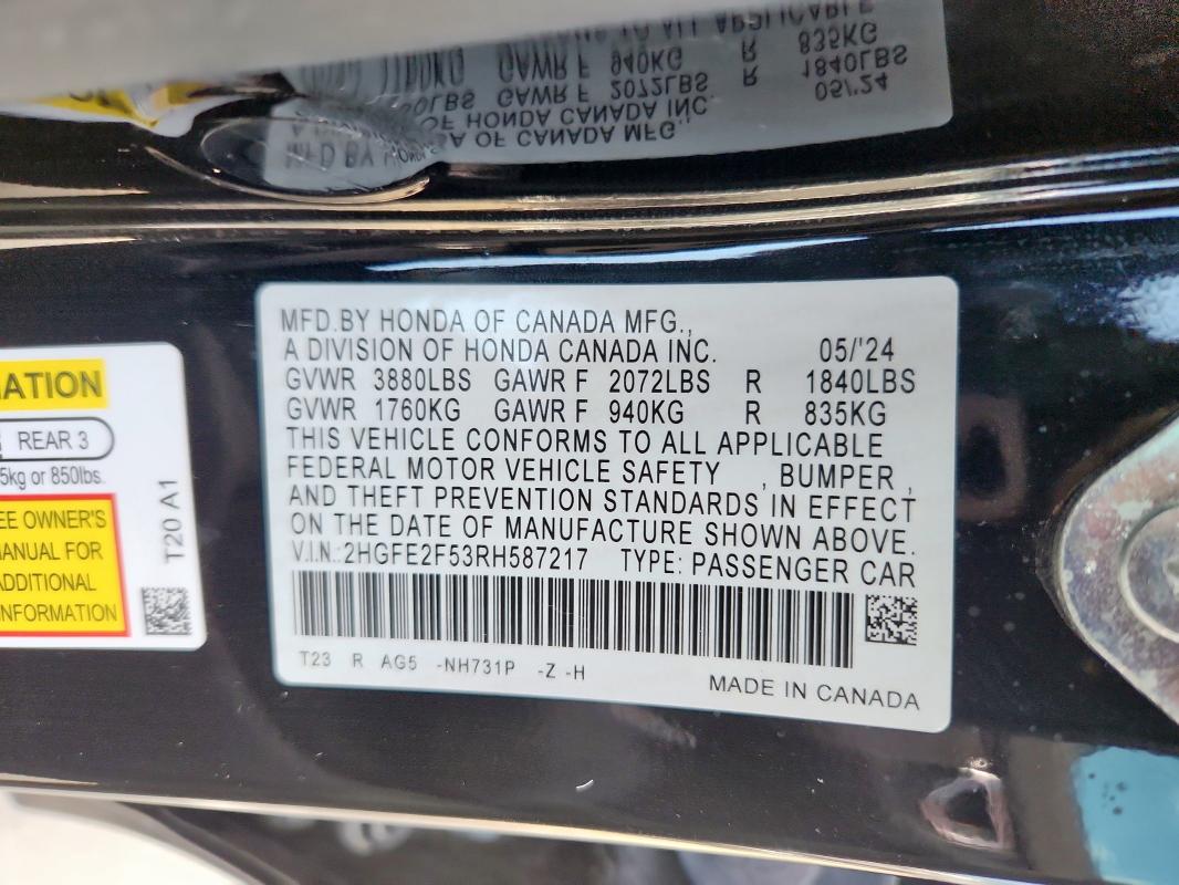 2HGFE2F53RH587217 - 2024 HONDA CIVIC SPORT Czarny zdjęcie 13