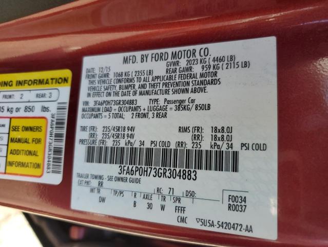 3FA6P0H73GR304883 - 2016 FORD FUSION SE RED photo 12