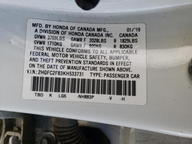 2HGFC2F83KH533731 - 2019 HONDA CIVIC SPORT Белый фото 12