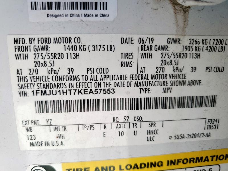 1FMJU1HT7KEA57553 - 2019 FORD EXPEDITION XLT Blanc photo 13