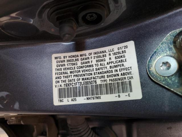 19XFC1F72LE005076 - 2020 HONDA CIVIC EXL GRAY photo 12