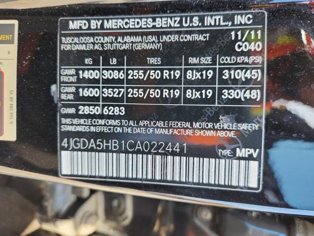 4JGDA5HB1CA022441 - 2012 MERCEDES-BENZ ML 350 4MATIC BLACK photo 13