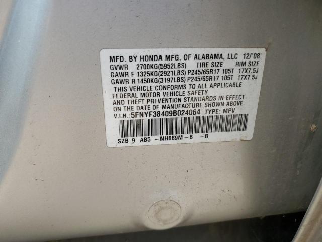 5FNYF38409B024064 - 2009 HONDA PILOT EX SILVER photo 13