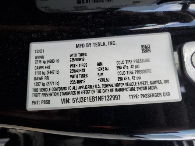 5YJ3E1EB1NF132997 - 2022 TESLA MODEL 3 Սև լուսանկար 12