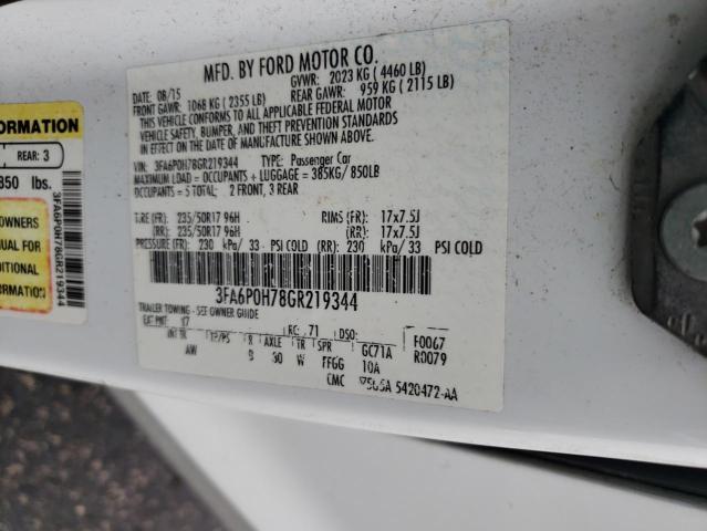 3FA6P0H78GR219344 - 2016 FORD FUSION SE WHITE photo 12