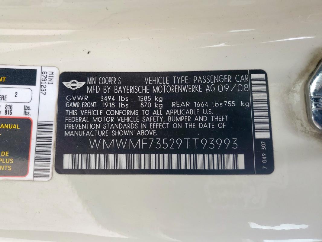 WMWMF73529TT93993 - 2009 MINI COOPER S CREAM photo 13