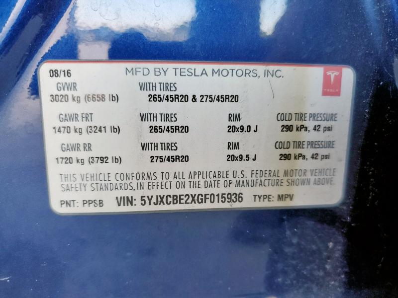5YJXCBE2XGF015936 - 2016 TESLA MODEL X 蓝色 照片 13
