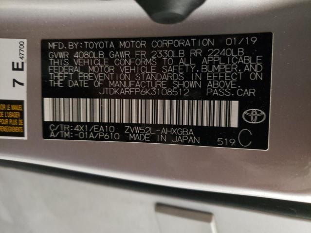 JTDKARFP6K3108512 - 2019 TOYOTA PRIUS PRIM 银色 照片 12