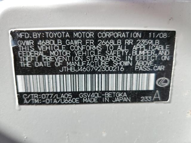 JTHBJ46G792300216 - 2009 LEXUS ES 350 WHITE photo 12