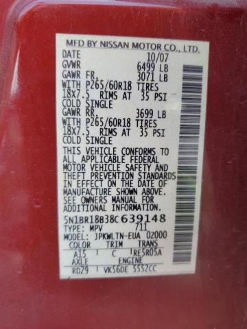 5N1BR18B38C639148 - 2008 NISSAN PATHFINDER LE 红色 照片 13