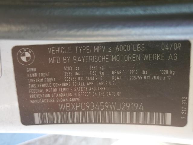 WBXPC93459WJ29194 - 2009 BMW X3 XDRIVE30I WHITE photo 12