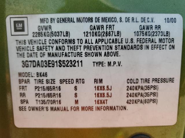 3G7DA03E91S523211 - 2001 PONTIAC AZTEK GREEN photo 13