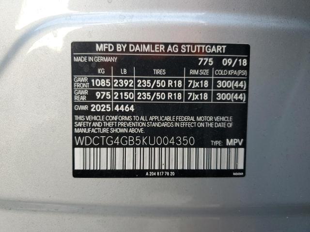 WDCTG4GB5KU004350 - 2019 MERCEDES-BENZ GLA 250 4MATIC SILVER photo 12