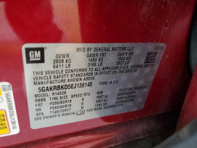 5GAKRBKD5EJ138145 - 2014 BUICK ENCLAVE RED photo 13